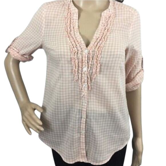 LC Lauren Conrad Pink Gingham‎ Blouse  V-Neck Ruffled Button Down Shirt  medium - Picture 1 of 7